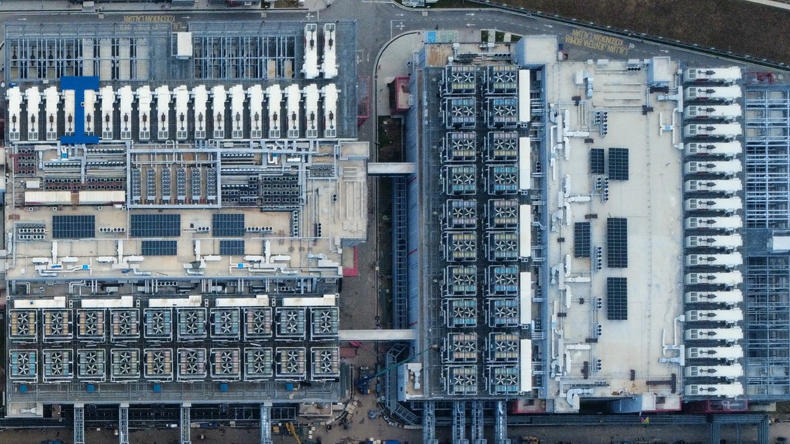 The first two halls in service, chillers and rooftop solar above